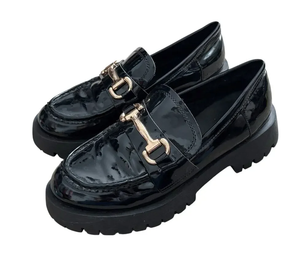 Bamboo Loafers Womens 7.5 Black Patent Horsebit Chunky Lug Platform Shoes